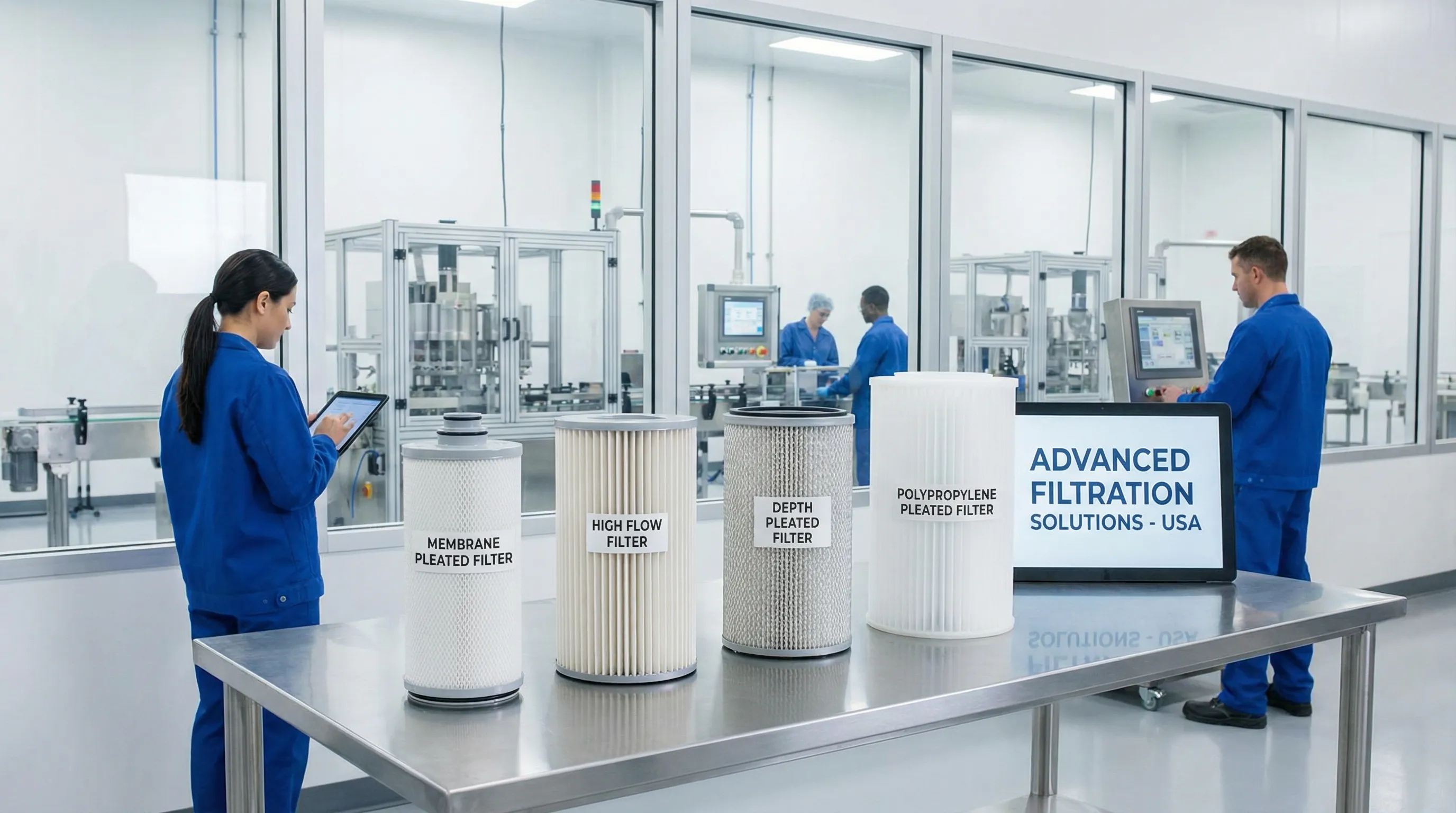 Various pleated filters displayed in a modern industrial facility.